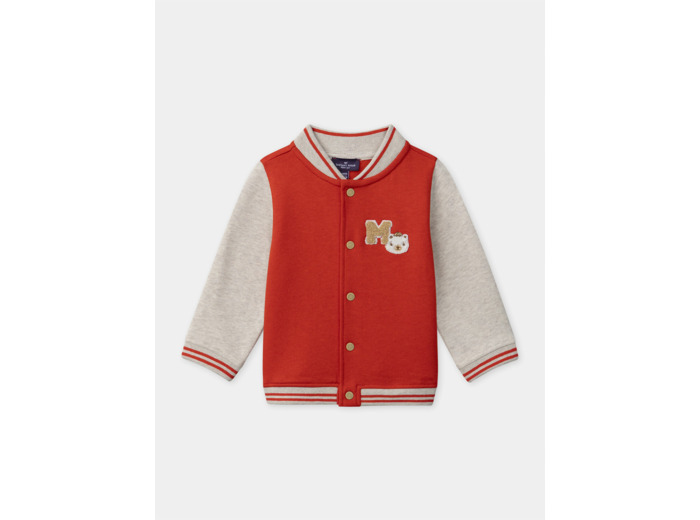 Veste Teddy rouge à broderie ourson et manches longues écrues Bébé Garçon