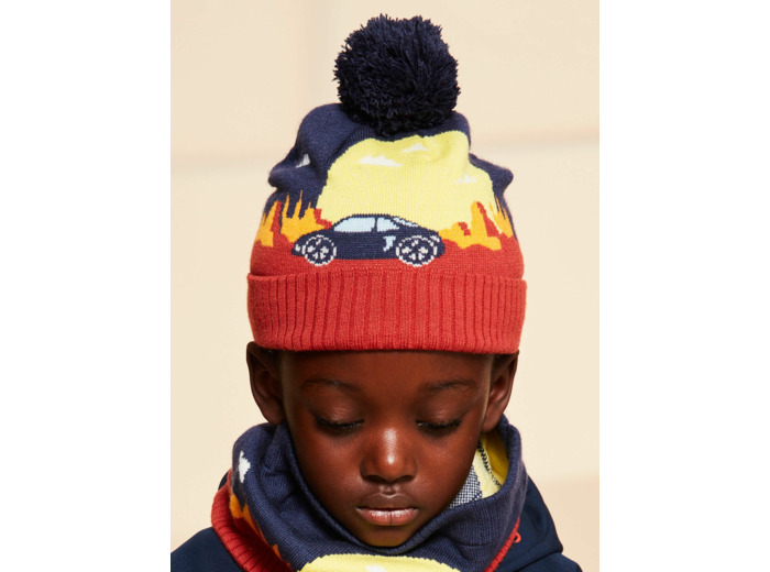 Bonnet bleu marine à pompon thème paysage